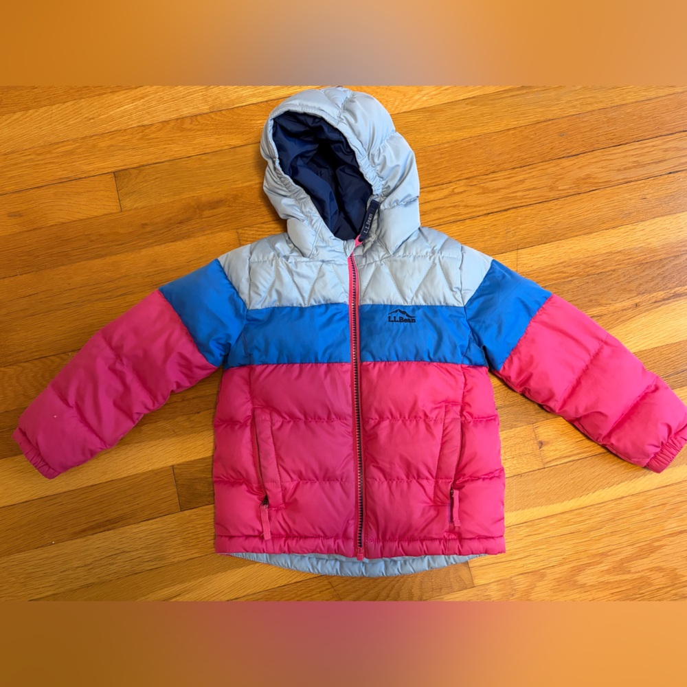 L.L. Bean Kids Colorblock Puffer Jacket - Pink, Blue, Light Gray